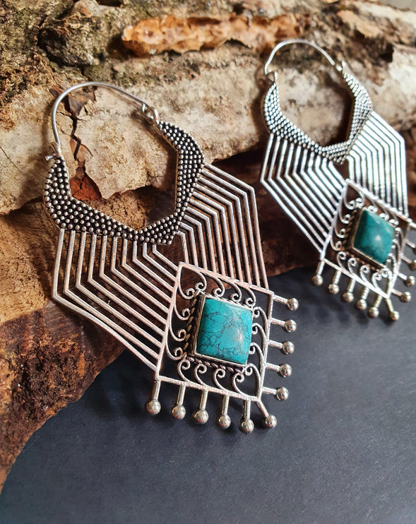 Ethnic Inca Turquoise Silver Earrings / Tribal / Rustic / Yoga / Hippie / Gypsy / Psy / Boho / Bohemian / Festival