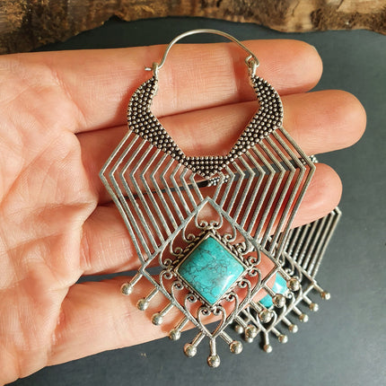 Ethnic Inca Turquoise Silver Earrings / Tribal / Rustic / Yoga / Hippie / Gypsy / Psy / Boho / Bohemian / Festival