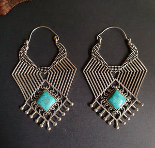 Ethnic Inca Turquoise Silver Earrings / Tribal / Rustic / Yoga / Hippie / Gypsy / Psy / Boho / Bohemian / Festival