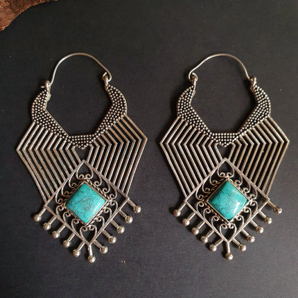 Ethnic Inca Turquoise Silver Earrings / Tribal / Rustic / Yoga / Hippie / Gypsy / Psy / Boho / Bohemian / Festival