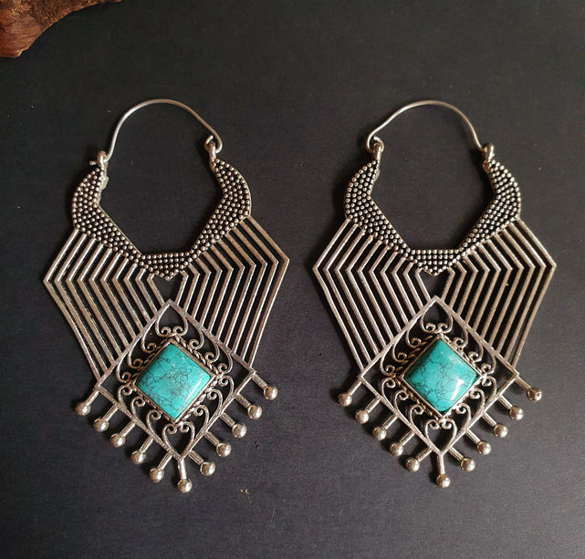 Ethnic Inca Turquoise Silver Earrings / Tribal / Rustic / Yoga / Hippie / Gypsy / Psy / Boho / Bohemian / Festival