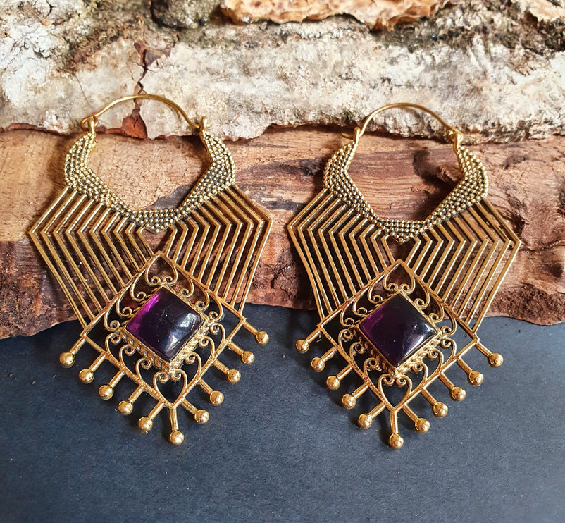 Ethnic Geometric Amethyst Brass Earrings / Tribal / Rustic / Yoga / Hippie / Gypsy / Psy / Boho / Bohemian / Festival