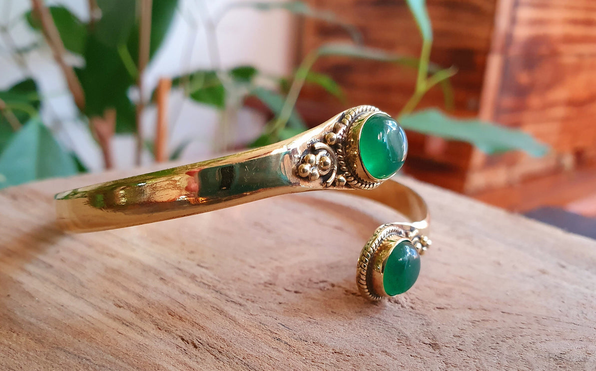 Boho Bracelet / Bangle / Green Onyx / Brass / Ethnic / Rustic / Bohemian / Hippie / Gypsy / Psy / Chic / Jewellery / Body / Adjustable