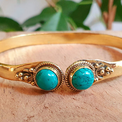 Spiral Boho Bracelet / Bangle / Turquoise / Brass / Arm Bracelet / Ethnic / Rustic / Bohemian / Hippie / Gypsy / Psy / Birthstone