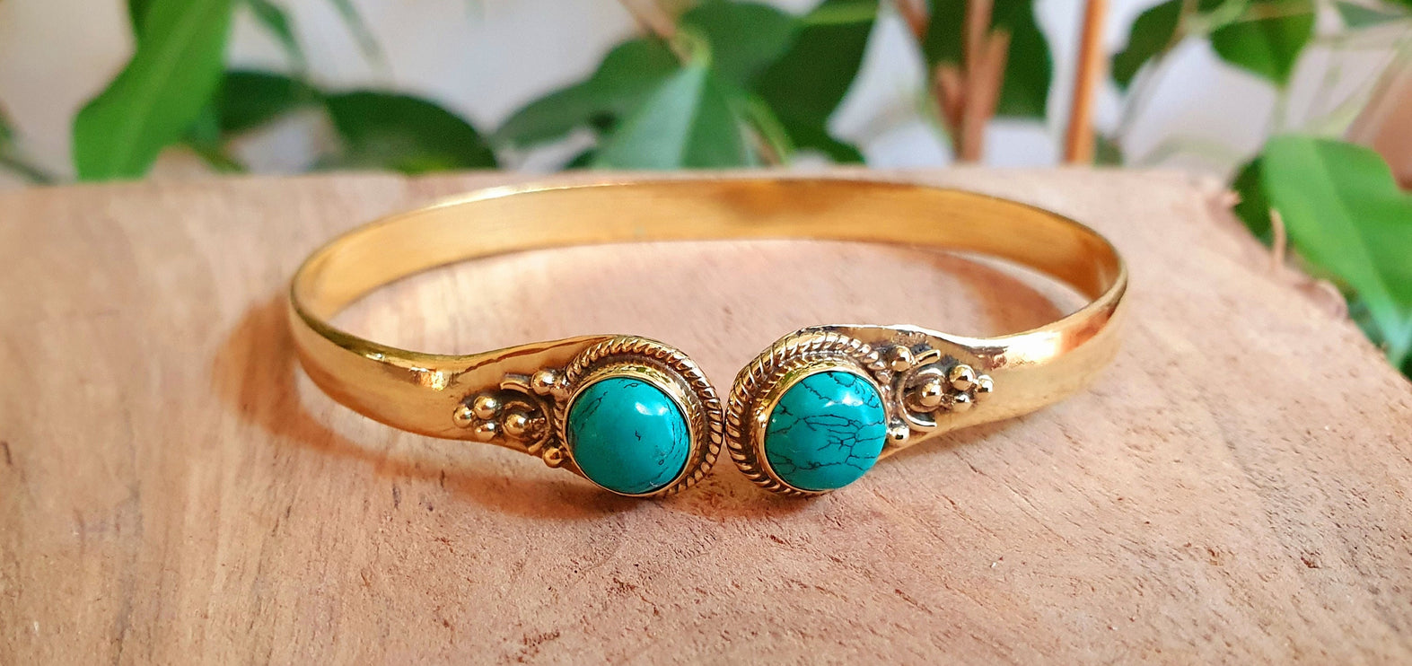 Spiral Boho Bracelet / Bangle / Turquoise / Brass / Arm Bracelet / Ethnic / Rustic / Bohemian / Hippie / Gypsy / Psy / Birthstone