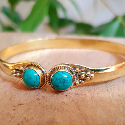 Spiral Boho Bracelet / Bangle / Turquoise / Brass / Arm Bracelet / Ethnic / Rustic / Bohemian / Hippie / Gypsy / Psy / Birthstone