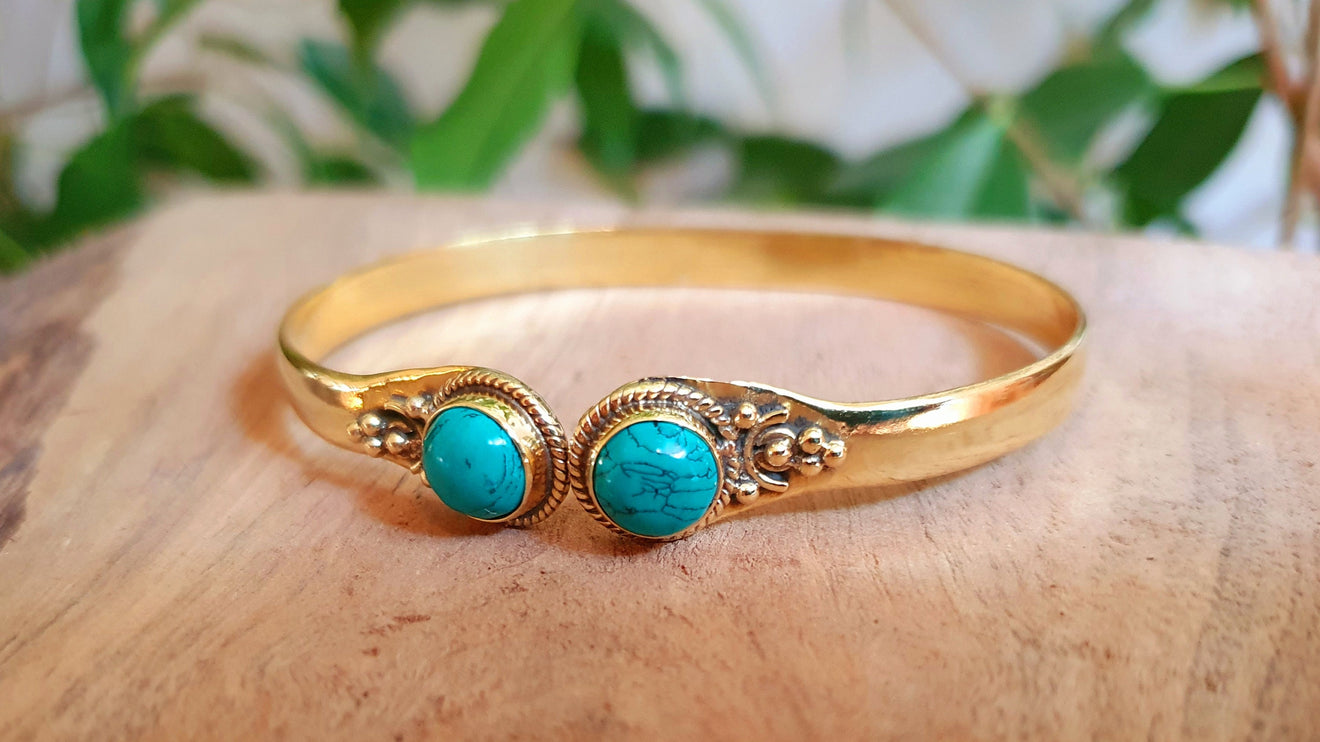 Spiral Boho Bracelet / Bangle / Turquoise / Brass / Arm Bracelet / Ethnic / Rustic / Bohemian / Hippie / Gypsy / Psy / Birthstone