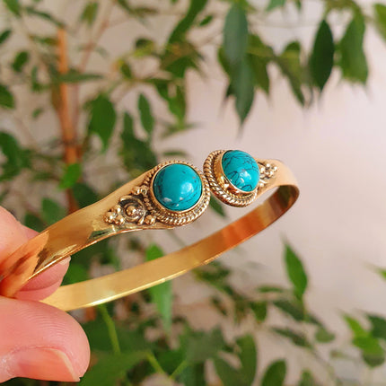 Spiral Boho Bracelet / Bangle / Turquoise / Brass / Arm Bracelet / Ethnic / Rustic / Bohemian / Hippie / Gypsy / Psy / Birthstone