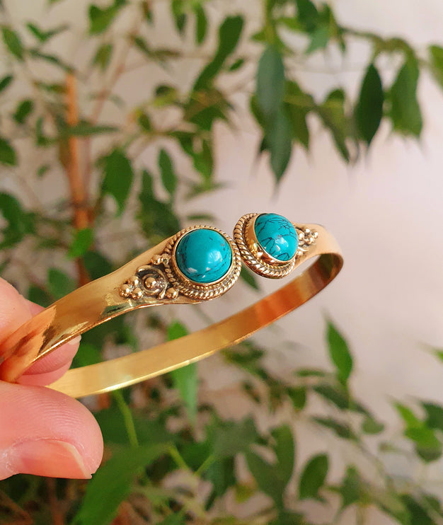 Spiral Boho Bracelet / Bangle / Turquoise / Brass / Arm Bracelet / Ethnic / Rustic / Bohemian / Hippie / Gypsy / Psy / Birthstone