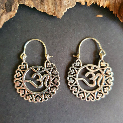 Ohm Yoga Om Boho Silver Earrings; Ethnic, Geometric, Small, Rustic, Yoga, Hippie, Gypsy, Pretty, Ssy, Boho, Bohemian, Festival