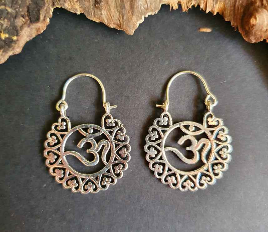 Ohm Yoga Om Boho Silver Earrings; Ethnic, Geometric, Small, Rustic, Yoga, Hippie, Gypsy, Pretty, Ssy, Boho, Bohemian, Festival