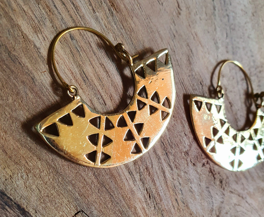 Aztec Inca Style Brass Earrings; Ethnic, Geometric, rustic, yoga, hippie, gypsy, pretty, psy, boho, bohemian, festival