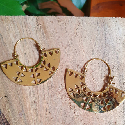 Aztec Inca Style Brass Earrings; Ethnic, Geometric, rustic, yoga, hippie, gypsy, pretty, psy, boho, bohemian, festival