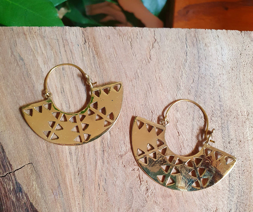 Aztec Inca Style Brass Earrings; Ethnic, Geometric, rustic, yoga, hippie, gypsy, pretty, psy, boho, bohemian, festival