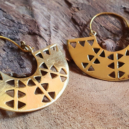 Aztec Inca Style Brass Earrings; Ethnic, Geometric, rustic, yoga, hippie, gypsy, pretty, psy, boho, bohemian, festival