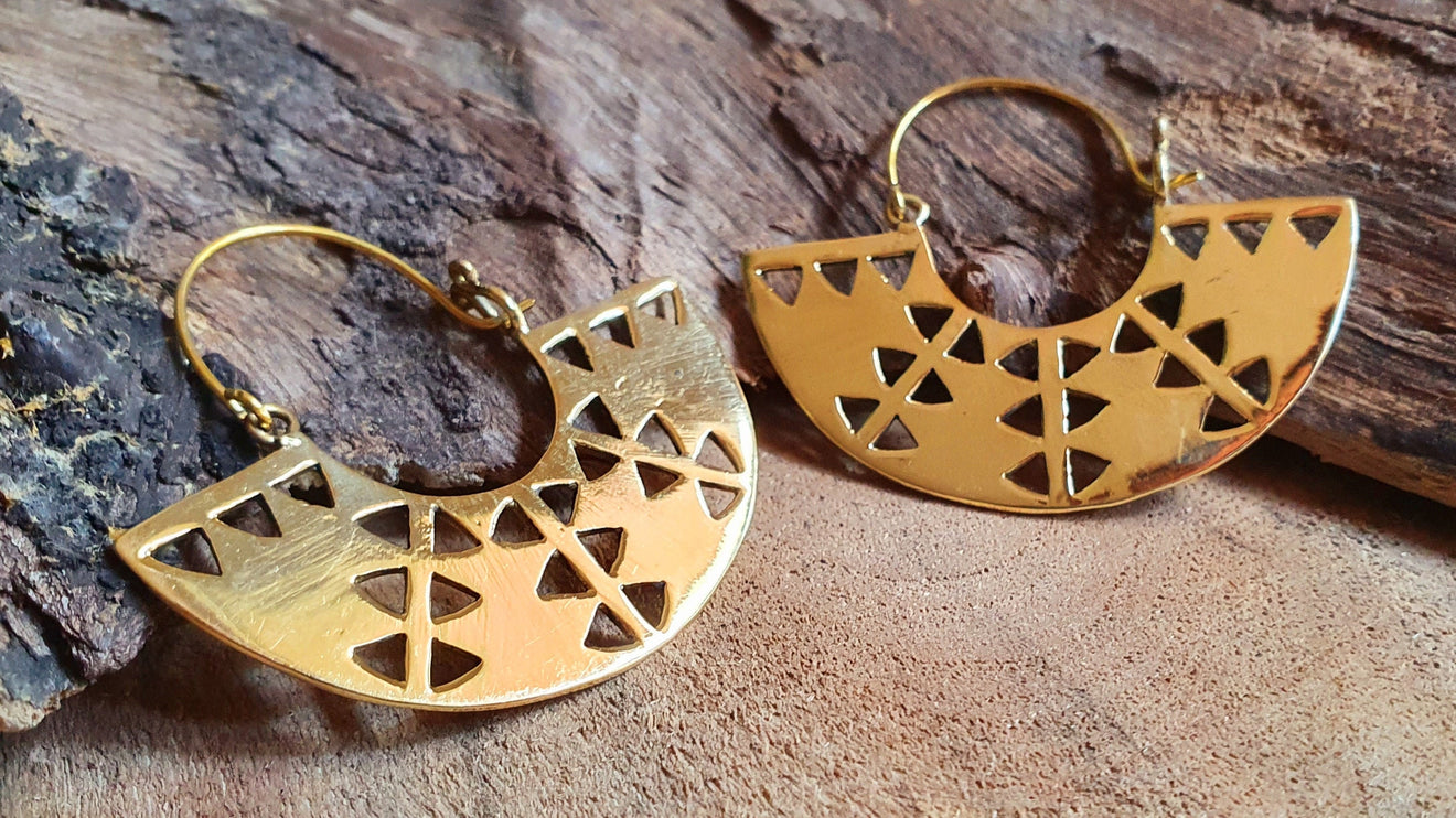 Aztec Inca Style Brass Earrings; Ethnic, Geometric, rustic, yoga, hippie, gypsy, pretty, psy, boho, bohemian, festival