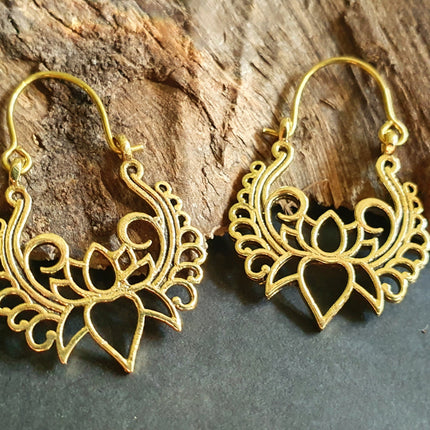 Lotus Flower Brass Hoop Earrings; Ethnic, Geometric, Small, Rustic, Yoga, Hippie, Gypsy, Pretty, Ssy, Boho, Bohemian, Festival