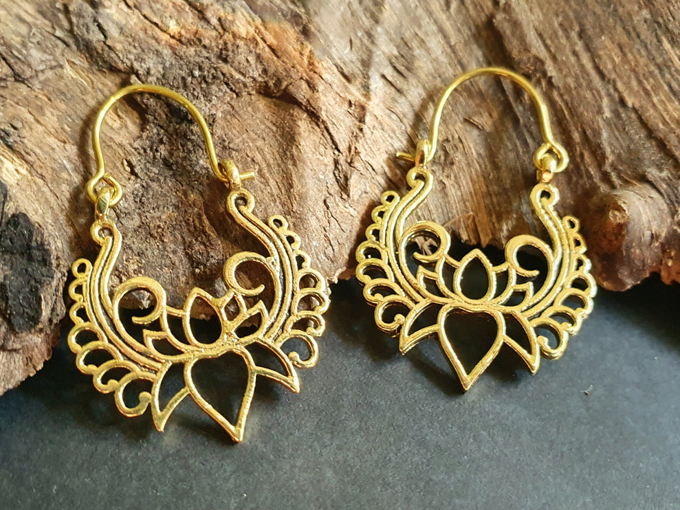 Lotus Flower Brass Hoop Earrings; Ethnic, Geometric, Small, Rustic, Yoga, Hippie, Gypsy, Pretty, Ssy, Boho, Bohemian, Festival