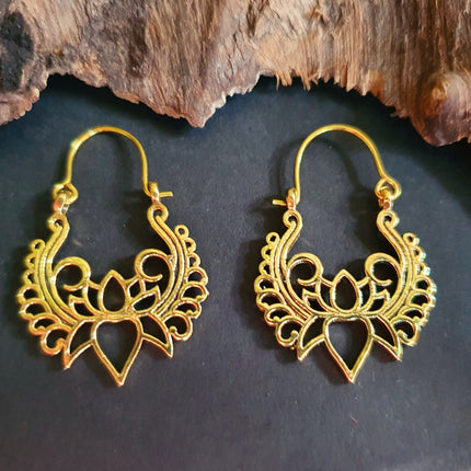 Lotus Flower Brass Hoop Earrings; Ethnic, Geometric, Small, Rustic, Yoga, Hippie, Gypsy, Pretty, Ssy, Boho, Bohemian, Festival