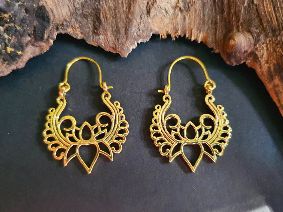 Lotus Flower Brass Hoop Earrings; Ethnic, Geometric, Small, Rustic, Yoga, Hippie, Gypsy, Pretty, Ssy, Boho, Bohemian, Festival