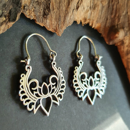 Lotus Flower Silver Hoop Earrings; Ethnic, Geometric, Small, Rustic, Yoga, Hippie, Gypsy, Pretty, Ssy, Boho, Bohemian, Festival