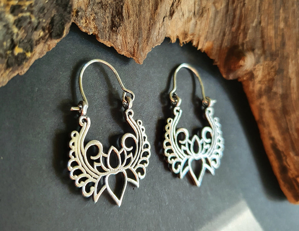 Lotus Flower Silver Hoop Earrings; Ethnic, Geometric, Small, Rustic, Yoga, Hippie, Gypsy, Pretty, Ssy, Boho, Bohemian, Festival