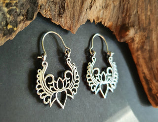 Lotus Flower Silver Hoop Earrings; Ethnic, Geometric, Small, Rustic, Yoga, Hippie, Gypsy, Pretty, Ssy, Boho, Bohemian, Festival