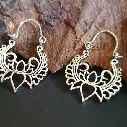 Lotus Flower Silver Hoop Earrings; Ethnic, Geometric, Small, Rustic, Yoga, Hippie, Gypsy, Pretty, Ssy, Boho, Bohemian, Festival