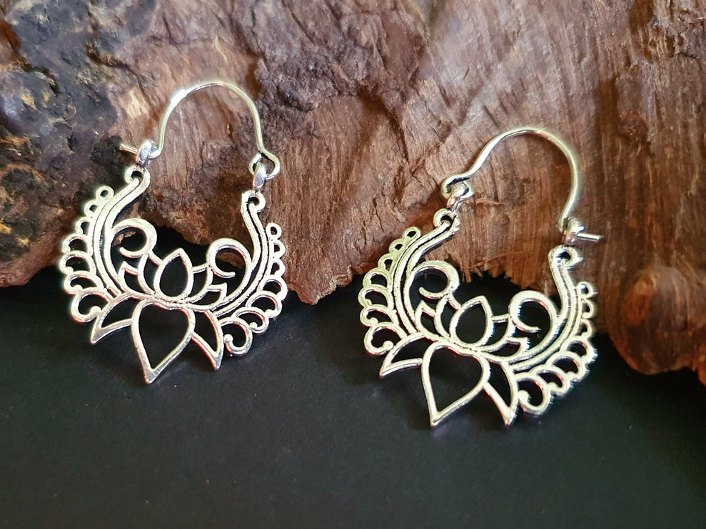 Lotus Flower Silver Hoop Earrings; Ethnic, Geometric, Small, Rustic, Yoga, Hippie, Gypsy, Pretty, Ssy, Boho, Bohemian, Festival