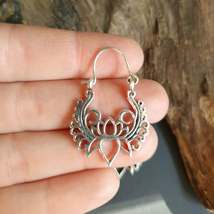 Lotus Flower Silver Hoop Earrings; Ethnic, Geometric, Small, Rustic, Yoga, Hippie, Gypsy, Pretty, Ssy, Boho, Bohemian, Festival