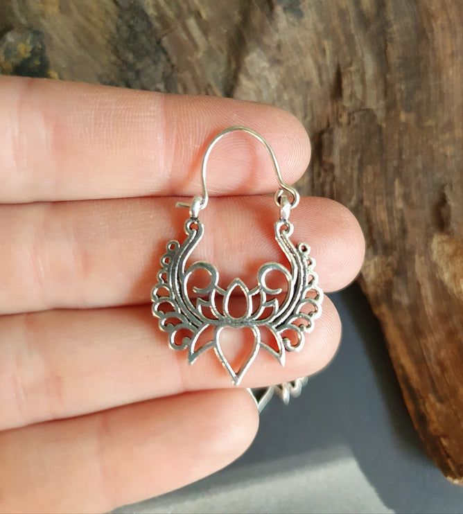 Lotus Flower Silver Hoop Earrings; Ethnic, Geometric, Small, Rustic, Yoga, Hippie, Gypsy, Pretty, Ssy, Boho, Bohemian, Festival