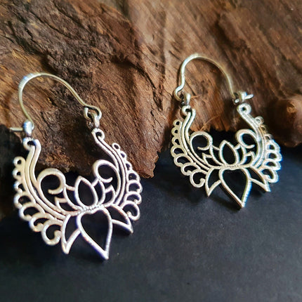 Lotus Flower Silver Hoop Earrings; Ethnic, Geometric, Small, Rustic, Yoga, Hippie, Gypsy, Pretty, Ssy, Boho, Bohemian, Festival