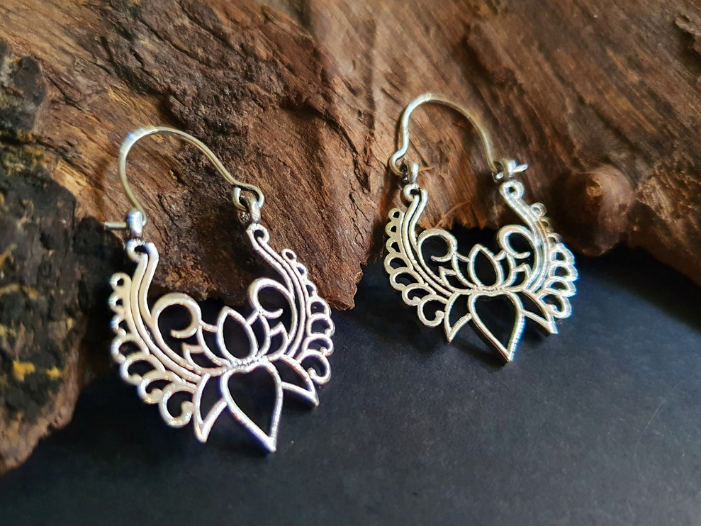 Lotus Flower Silver Hoop Earrings; Ethnic, Geometric, Small, Rustic, Yoga, Hippie, Gypsy, Pretty, Ssy, Boho, Bohemian, Festival