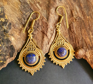 Lapis Lazuli Brass Drop Dangle earrings / Birth Stone / Ethnic / rustic, yoga, hippie, gypsy, pretty, psy, boho, bohemian, festival