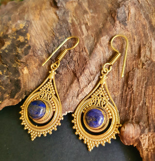 Lapis Lazuli Brass Drop Dangle earrings / Birth Stone / Ethnic / rustic, yoga, hippie, gypsy, pretty, psy, boho, bohemian, festival