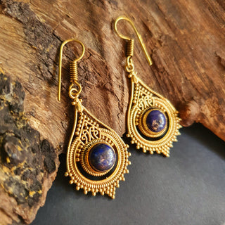 Lapis Lazuli Brass Drop Dangle earrings / Birth Stone / Ethnic / rustic, yoga, hippie, gypsy, pretty, psy, boho, bohemian, festival