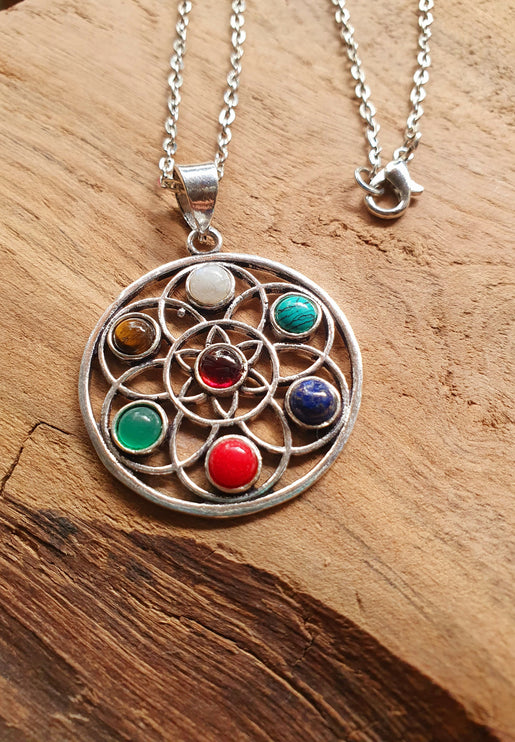 7 Chakras Necklace / Hypoallergenic / Silver / Yoga / Reiki / Boho / Hippie / Rustic / Ethnic / Crystals / Third Eye / Illuminati