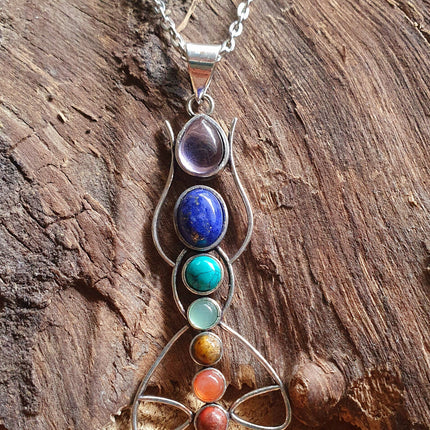 7 Chakras Lotus Necklace / Hypoallergenic / Silver / Yoga / Reiki / Boho / Hippie / Rustic / Ethnic / Crystals / Third Eye / Illuminati