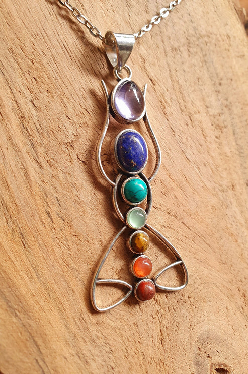 7 Chakras Lotus Necklace / Hypoallergenic / Silver / Yoga / Reiki / Boho / Hippie / Rustic / Ethnic / Crystals / Third Eye / Illuminati