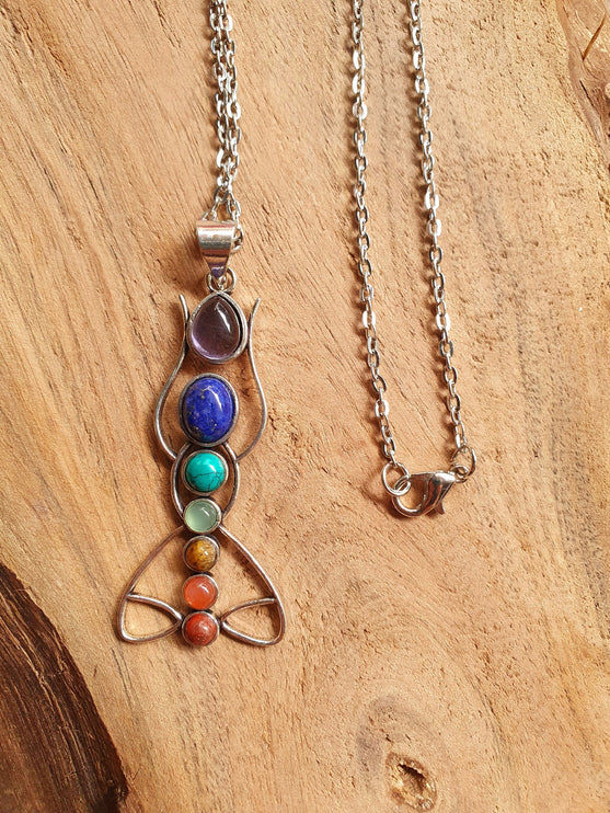 7 Chakras Lotus Necklace / Hypoallergenic / Silver / Yoga / Reiki / Boho / Hippie / Rustic / Ethnic / Crystals / Third Eye / Illuminati