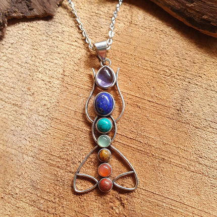 7 Chakras Lotus Necklace / Hypoallergenic / Silver / Yoga / Reiki / Boho / Hippie / Rustic / Ethnic / Crystals / Third Eye / Illuminati