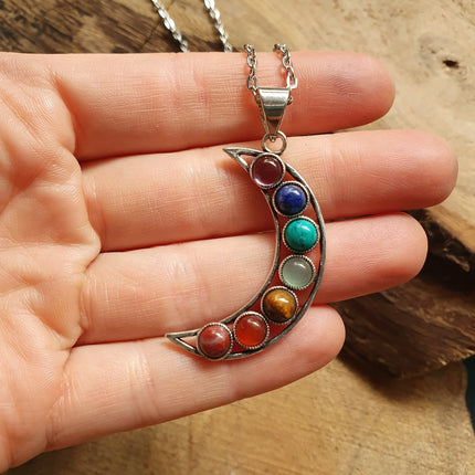 Moon & 7 Chakras Necklace / Hypoallergenic / Silver / Yoga / Reiki / Boho / Hippie / Rustic / Ethnic / Crystals / Third Eye / Illuminati