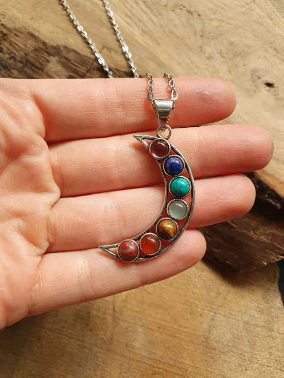 Moon & 7 Chakras Necklace / Hypoallergenic / Silver / Yoga / Reiki / Boho / Hippie / Rustic / Ethnic / Crystals / Third Eye / Illuminati