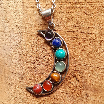 Moon & 7 Chakras Necklace / Hypoallergenic / Silver / Yoga / Reiki / Boho / Hippie / Rustic / Ethnic / Crystals / Third Eye / Illuminati