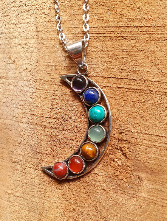 Moon & 7 Chakras Necklace / Hypoallergenic / Silver / Yoga / Reiki / Boho / Hippie / Rustic / Ethnic / Crystals / Third Eye / Illuminati