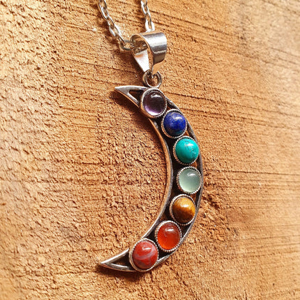 Moon & 7 Chakras Necklace / Hypoallergenic / Silver / Yoga / Reiki / Boho / Hippie / Rustic / Ethnic / Crystals / Third Eye / Illuminati