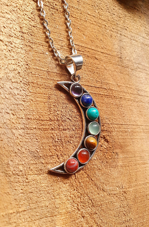 Moon & 7 Chakras Necklace / Hypoallergenic / Silver / Yoga / Reiki / Boho / Hippie / Rustic / Ethnic / Crystals / Third Eye / Illuminati