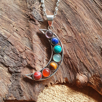 Moon & 7 Chakras Necklace / Hypoallergenic / Silver / Yoga / Reiki / Boho / Hippie / Rustic / Ethnic / Crystals / Third Eye / Illuminati