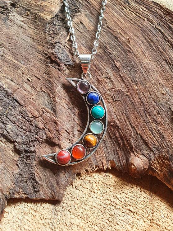 Moon & 7 Chakras Necklace / Hypoallergenic / Silver / Yoga / Reiki / Boho / Hippie / Rustic / Ethnic / Crystals / Third Eye / Illuminati