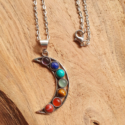 Moon & 7 Chakras Necklace / Hypoallergenic / Silver / Yoga / Reiki / Boho / Hippie / Rustic / Ethnic / Crystals / Third Eye / Illuminati